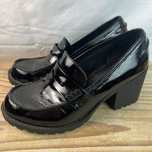 True Craft Y2K Style Chunky Heel Penny Loafers Black Patent Size 8.5